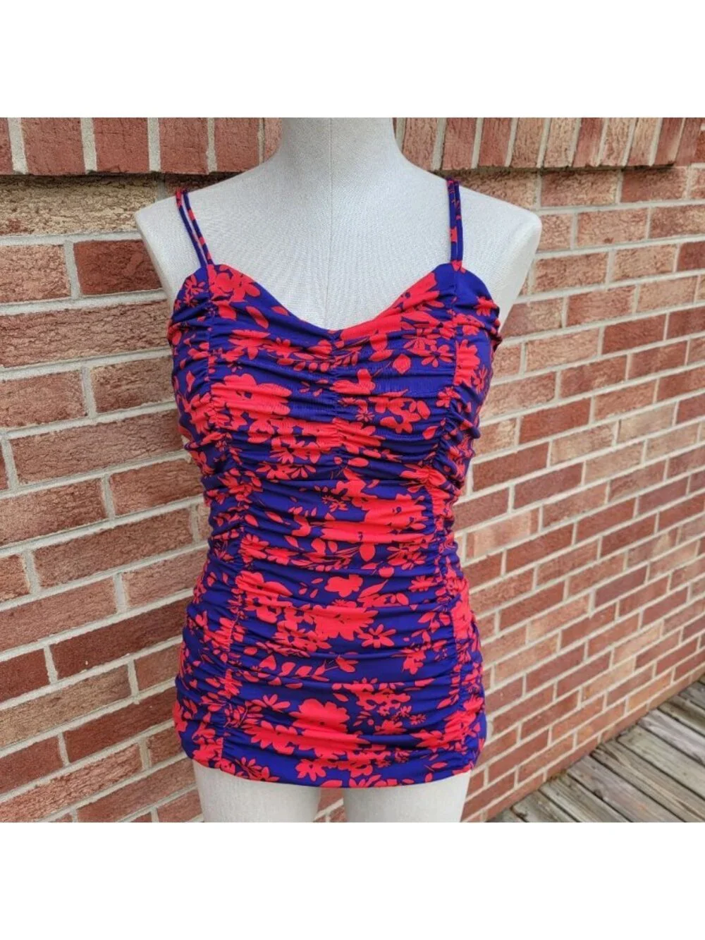 Lands' End Tankini Top Blue and Red Floral Padded Bra Women's Size 14